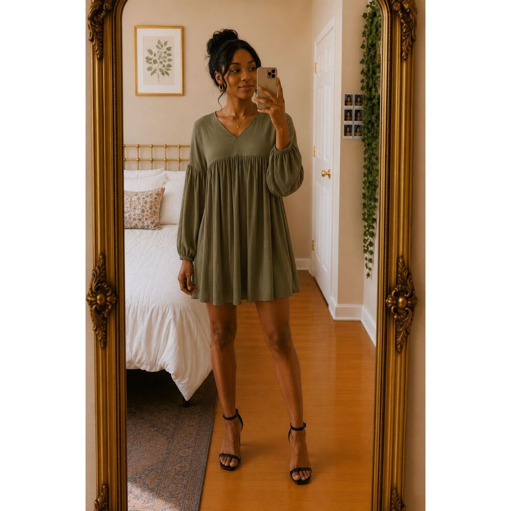 NWT Chaudry Pleated Balloon Sleeve Dress Olive Green Boho Romantic XS